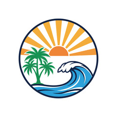 Stylized Tropical Beach Scene with Sunset, Palm Trees, and Ocean Waves in a Circular Emblem, Flat Vector Elements, Vector Illustration, Simple Vector, Stylized Vector Drawing, Vector Template, Clean