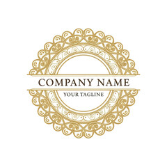 Ornate Golden Emblem Logo Template with Intricate Scrollwork and Luxury Design, Featuring Placeholder Text for Company Name and Tagline on a White Background, Flat Vector Elements, Vector