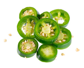 Fresh jalapeno pepper isolated on white background. Slices of green hot serrano pepper. Clipping path.