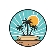 Vibrant tropical beach illustration with palm trees, sun, and surfboard in a stylized circular frame, perfect for summer vacation and travel themes., Flat Vector Elements, Vector Illustration, Simple