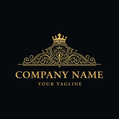 Elegant Golden Crowned Shield Logo with Ornate Scrollwork and Company Branding Text, Flat Vector Elements, Vector Illustration, Simple Vector, Stylized Vector Drawing, Vector Template, Clean Vector