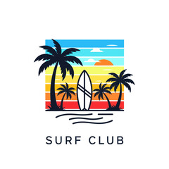 Vibrant Tropical Sunset Beach Scene with Palm Trees, Surfboard, and Ocean Waves for Surf Club Graphic Design, Flat Vector Elements, Vector Illustration, Simple Vector, Stylized Vector Drawing, Vector