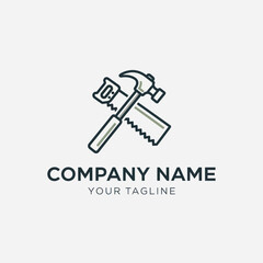 Modern carpentry and construction company logo featuring crossed hammer and saw tools with minimalist design on a light background, ideal for branding., Flat Vector Elements, Vector Illustration,