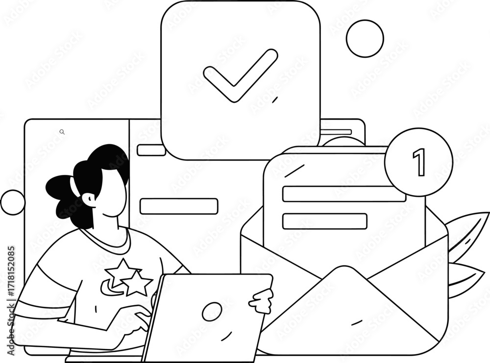Poster young professional efficiently managing tasks and communications on laptop with notifications and ch