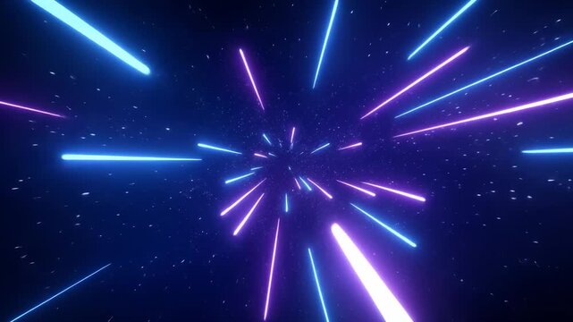 Vibrant energy waves expanding from central point with intense luminescent particles. Dynamic visual representation of interdimensional movement through glowing neon trajectories