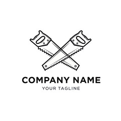 Black and white minimalist logo design featuring two crossed hand saws with company name and tagline, ideal for woodworking, carpentry, construction, or DIY businesses, on a clean white background.,
