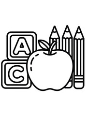 School supplies including alphabet blocks apple and pencils