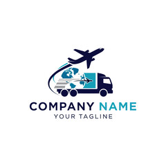 Global Logistics and Transportation Company Logo with Airplane, Truck, and Earth Symbol on White Background, Flat Vector Elements, Vector Illustration, Simple Vector, Stylized Vector Drawing, Vector