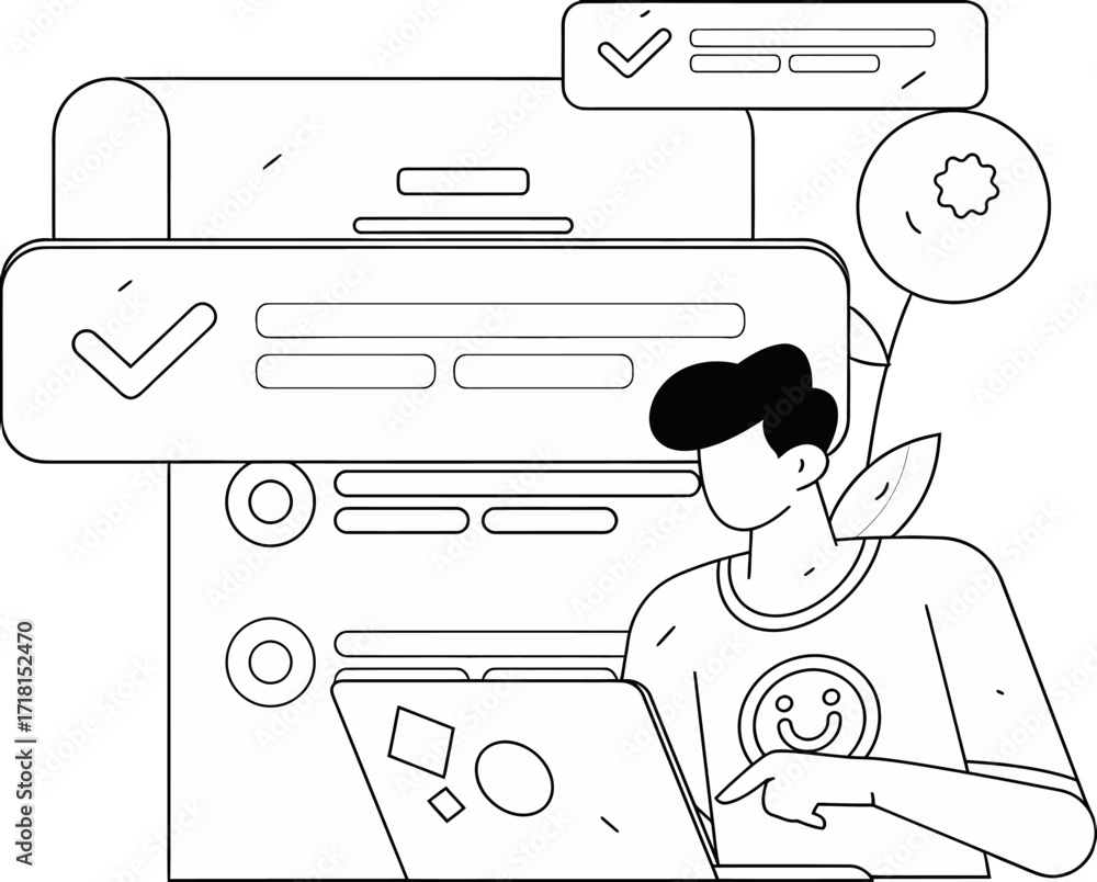 Poster young professional efficiently managing tasks and projects on laptop with digital checklists and pro
