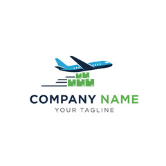 Modern Cargo Logistics Company Logo Design featuring a Blue Airplane, Stacked Green Delivery Boxes, and Dynamic Speed Lines on a Clean White Background for Shipping and Express Delivery Services.,