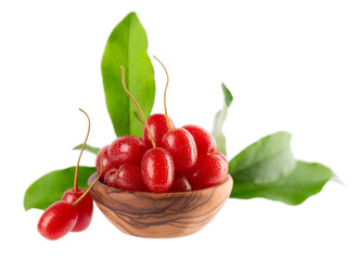 Elaeagnus multiflora isolated on white background. Cherry elaeagnus or cherry silverberry in wooden bowl. Goumi or gumi berry.