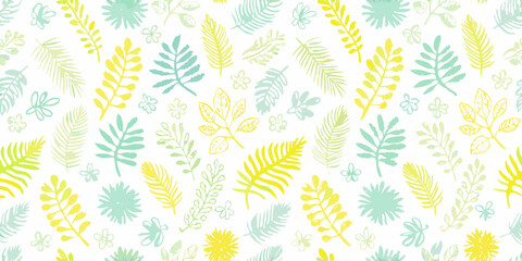 Seamless pattern of hand drawn tropical leaves and flowers in pastel yellow and blue colors on white background