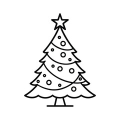 A simple line art illustration of a Christmas tree decorated with ornaments and a star. Perfect for holiday cards, invitations, and festive designs. Vector graphic element.