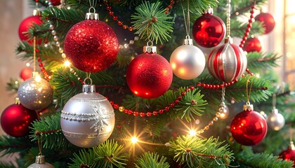 Christmas tree adorned with red and silver ornaments