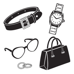 Fashion accessories with rings on white background Keywords: fashion, accessories, handbag