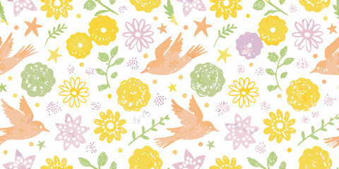 Whimsical hand drawn birds and flowers seamless pattern with pastel colors and textured brush strokes