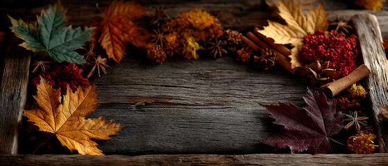 Obraz premium Autumn leaves cinnamon sticks and star anise on rustic wood backdrop