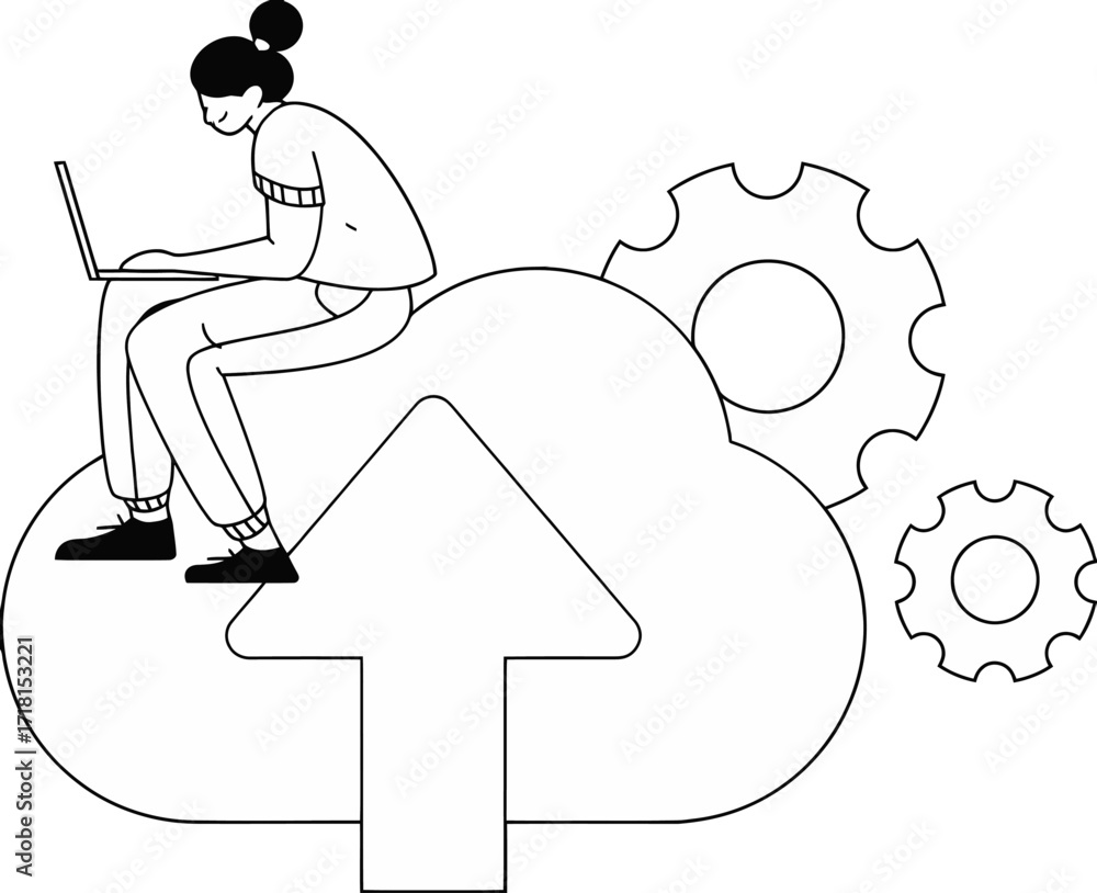 Poster focused woman working on laptop atop cloud icon with upward arrow and gears symbolizing data upload 