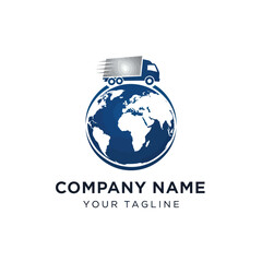 Company Logo Design Featuring a Blue Globe and a Speeding Delivery Truck, Symbolizing Worldwide Logistics and Fast Transport Services on White Background, Flat Vector Elements, Vector Illustration,