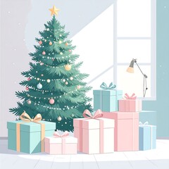 Christmas tree and presents in a room
