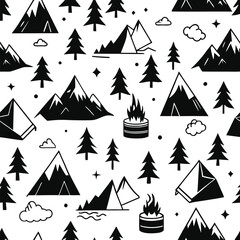 Fototapeta premium Camping pattern vector design with mountains, tents, trees, and campfire icons, outdoor adventure seamless background, eco travel lifestyle, exploration template artwork illustration