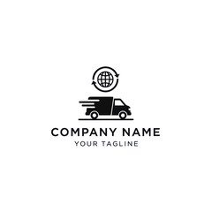 Black and White Global Fast Delivery Logistics Company Logo with Moving Truck and World Icon, Minimalist Vector Branding Identity on White Background, Flat Vector Elements, Vector Illustration,