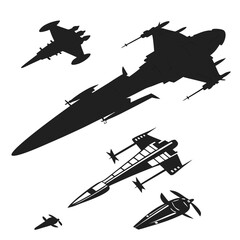 Five diverse science fiction spaceship silhouettes Keywords: spaceship, spacecraft, starfighter