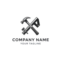 Professional Construction and Carpentry Tools Logo with Crossed Hammer and Measuring Device on Clean White Background, Flat Vector Elements, Vector Illustration, Simple Vector, Stylized Vector
