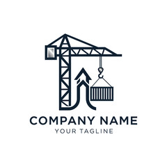 Modern minimalist logo design featuring a construction crane, an integrated upward arrow, and a cargo container, symbolizing growth, shipping, logistics, and building industries on a clean white