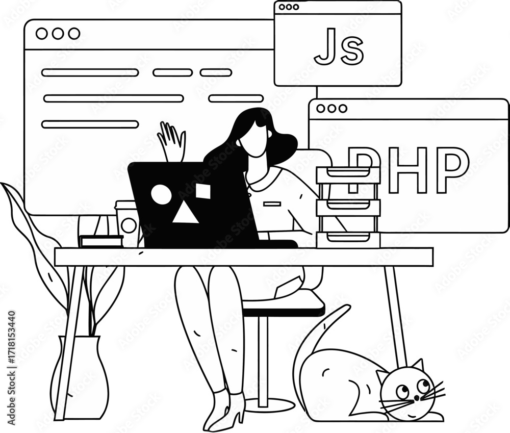 Poster creative programmer woman coding on laptop in modern workspace with javascript and php languages vis