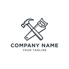 Minimalist Art Logo: Crossed Hammer and Hand Saw Icon for Construction, Carpentry, and DIY Businesses, featuring 'COMPANY' and 'YOUR TAGLINE' on a Clean White Background, Flat Vector Elements, Vector