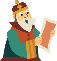 Cartoon King Reading a Scroll with a Serious Expression and Traditional Attire