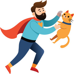Superhero man rescuing a cat running with cape cartoon illustration