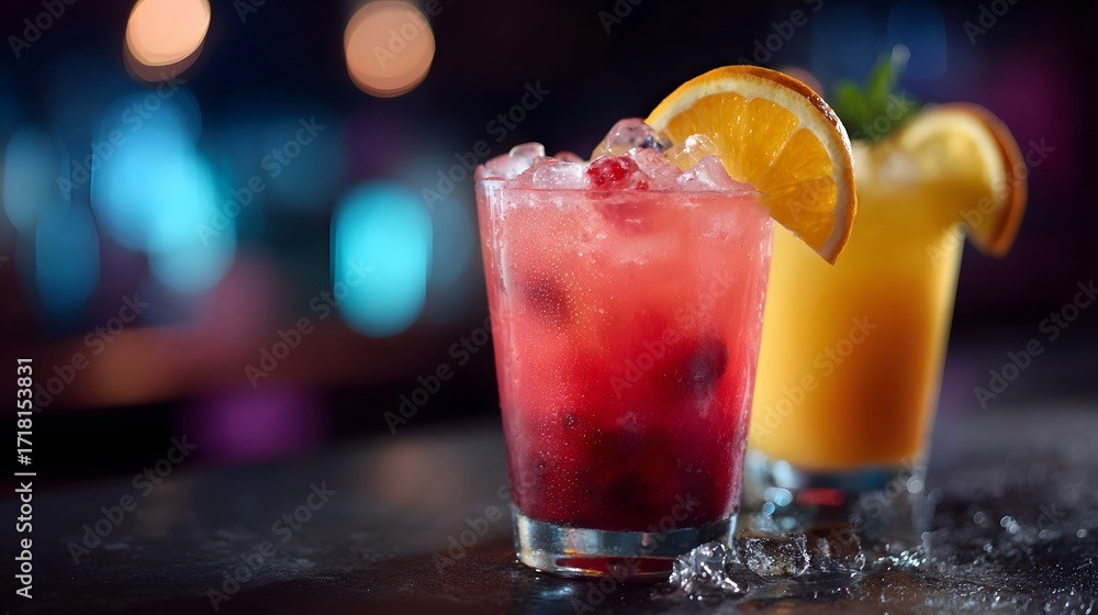 Poster two vibrant fruit cocktails with citrus garnish and ice sit on a bar illuminated by soft bokeh light