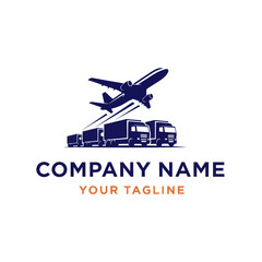 Modern Logistics and Transportation Company Logo with Airplanes, Trucks, and Branding Text for Global Freight and Cargo Delivery, Flat Vector Elements, Vector Illustration, Simple Vector, Stylized