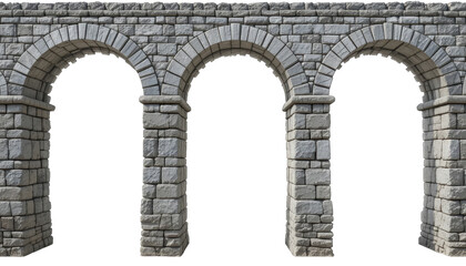 Three Arched Stone Columns and Wall Section in Gray on Black Background isolated on a transparent background