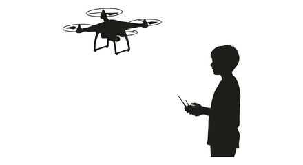 Silhouette of a boy operating a drone with a remote controller