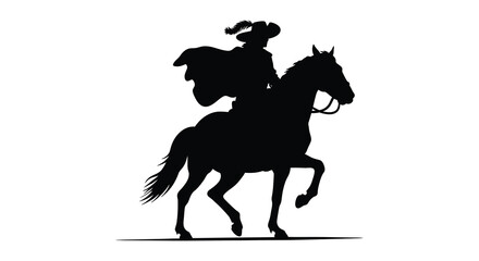 A striking silhouette of a cowboy riding a horse against white background