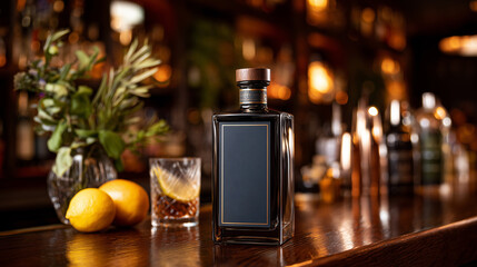 Scotch whiskey bottle, glass and old wooden barrel. With copy space. close up concept mockup of bottle for luxury alcohol such as Cognac Brandy Rum or product in modern bar