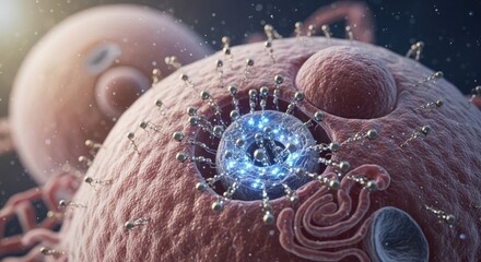 Microscopic Fertilization: Luminescent Sperm Surrounding Egg Cell