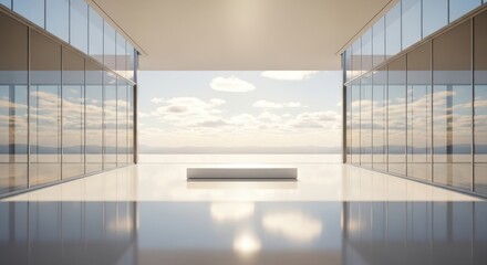 Fototapeta premium Minimalist podium in modern building with ocean view
