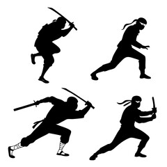 Four Silhouettes of Ninjas in Combat and Running Poses