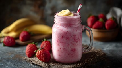A refreshing strawberry banana smoothie in a mason jar with banana slices and straw set on a rustic table with fresh fruit