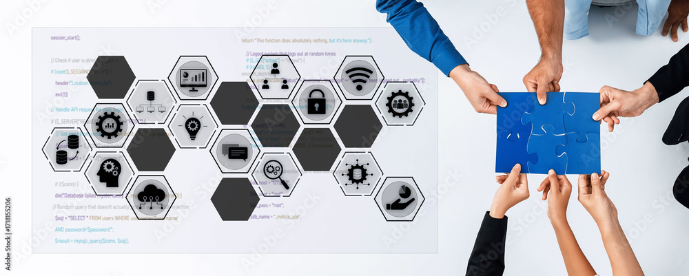 Poster diverse team members engage in collaborative problem solving using puzzle pieces and technology icon