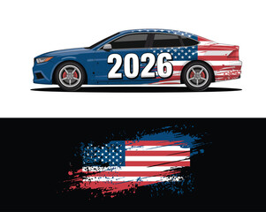 Professional car wrap mockup design featuring a patriotic American flag concept. Vector illustration for vehicle branding with the year 2026
