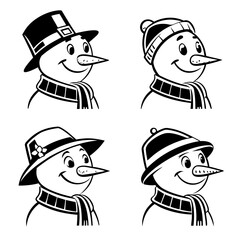 Four Snowman Faces with Different Hats and Scarves