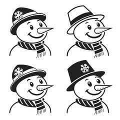 Four Snowman Heads With Different Hats And Scarves