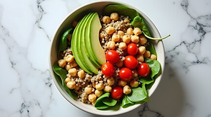healthy food, top view Fresh quinoa salad bowl with slide avocado, chickpeas, cherry tomatoes and spinach.
