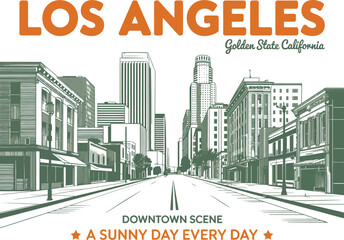 Sunny Downtown Los Angeles Scene with Golden State California Skyline Illustration