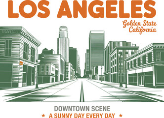 Vintage travel poster illustration of a sunny downtown city street scene with tall buildings and a retro, nostalgic aesthetic